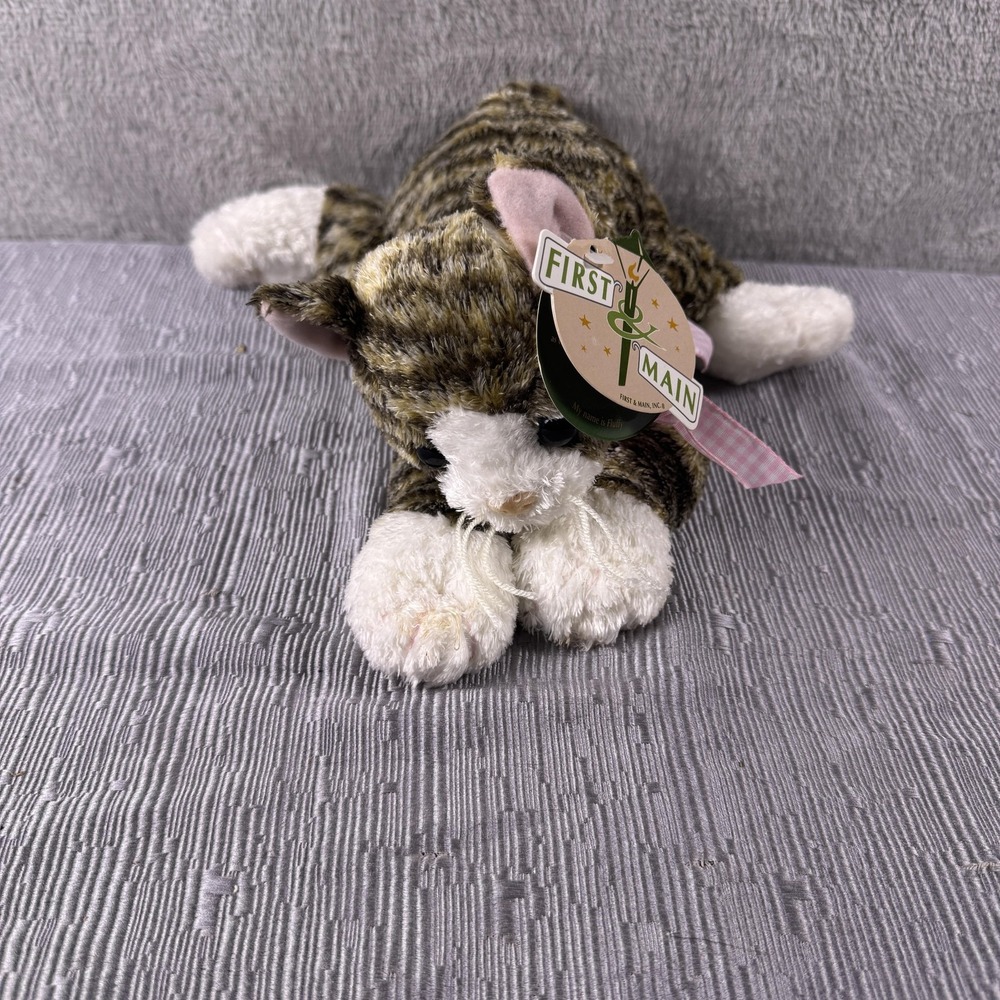 First & Main Flopple Tabby Cat Small Plush Stuffed Animal Toy Pink Bow Kitten